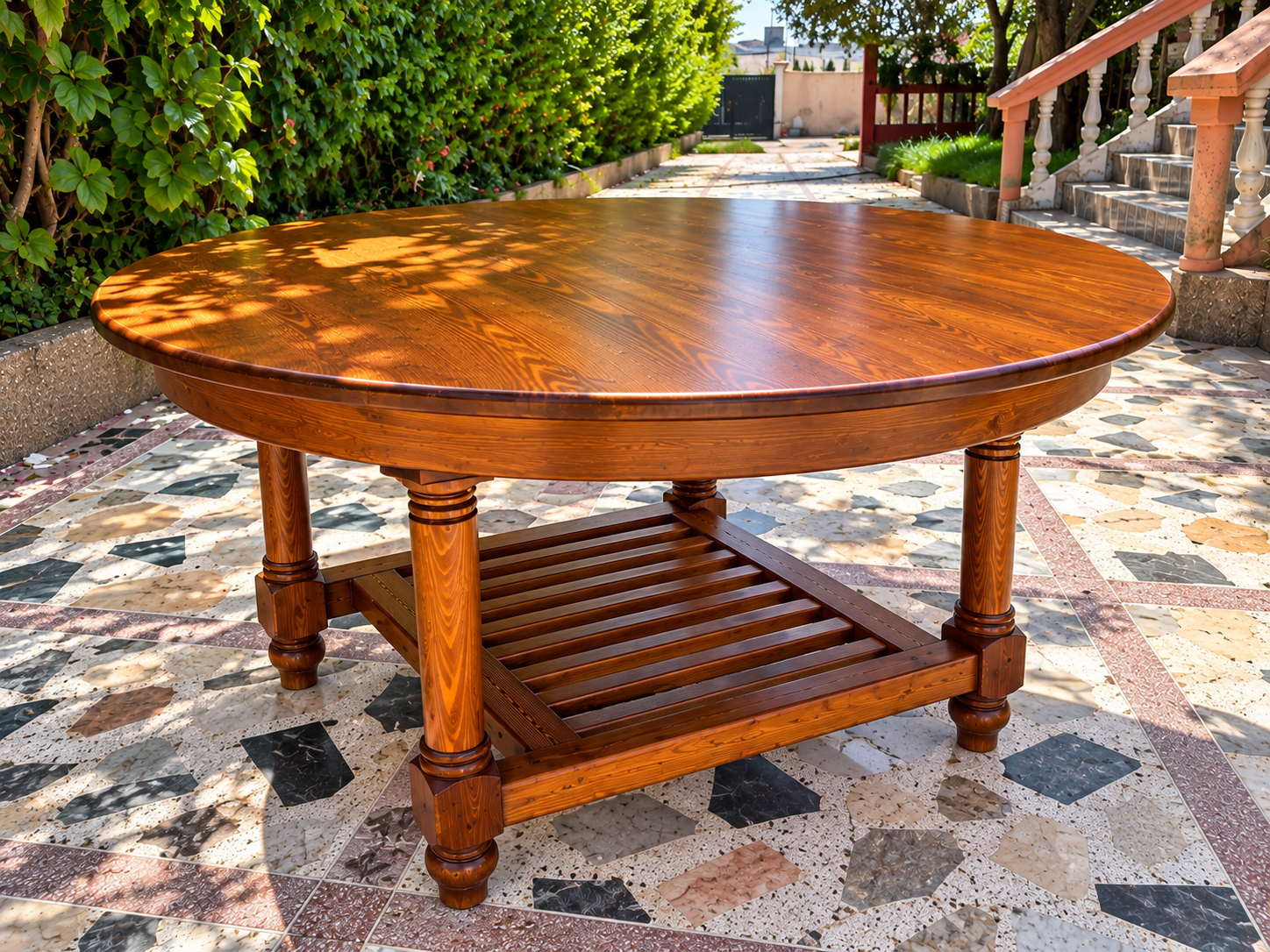 Photo 2 de Table ronde en bois rouge sur mesure – Neuve – Dar Bouazza